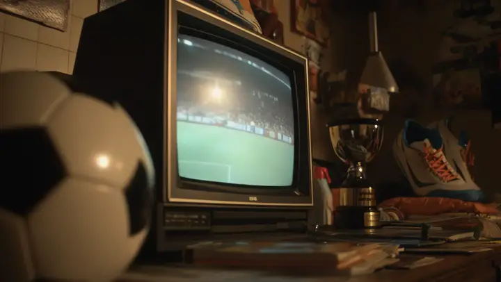 Televisão antiga passando futebol, ao lado de uma bola e um troféu